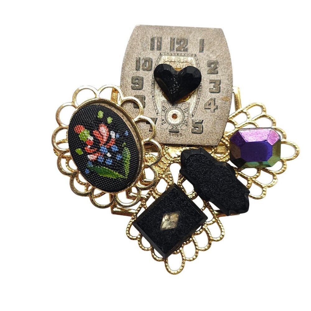 Steampunk Brooch With Vintage Watch Face Floral Embroidery